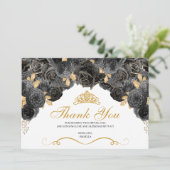 Black and Gold Floral Quinceanera Hartelijk dank Bedankkaart (Staand voorkant)