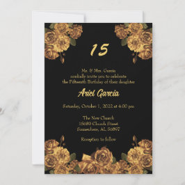 Black and Gold Floral Quinceanera Kaart