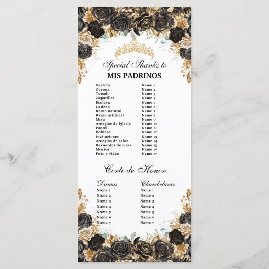 Black and Gold Floral Quinceañera Order Events Programmakaart (Achterkant)