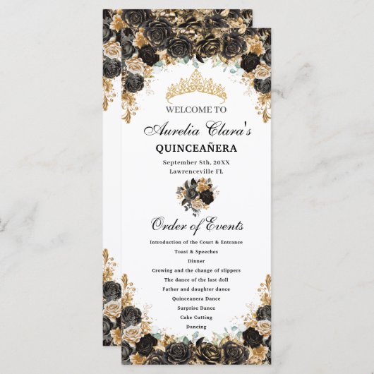 Black and Gold Floral Quinceañera Order Events Programmakaart (Voorkant / Achterkant)