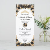 Black and Gold Floral Quinceañera Order Events Programmakaart (Staand voorkant)