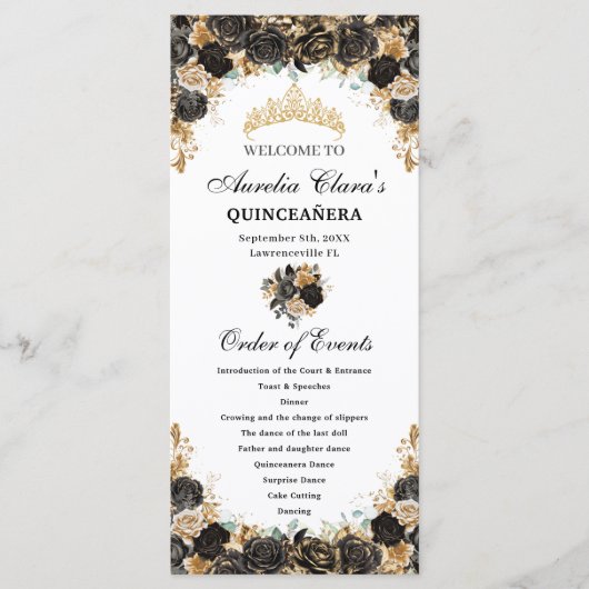 Black and Gold Floral Quinceañera Order Events Programmakaart (Voorkant)