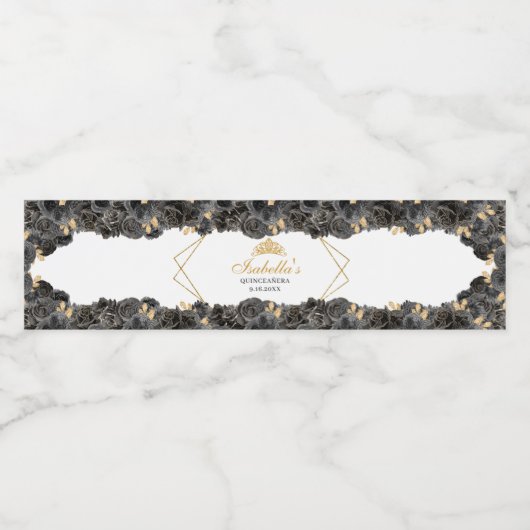 Black and Gold Floral Quinceanera Waterfles Etiket (Enkel label)