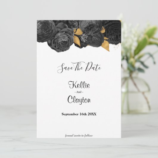 Black and Gold Floral sparen de datum Save The Date (Staand voorkant)