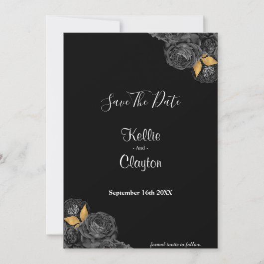 Black and Gold Floral sparen de datum Save The Date (Voorkant)