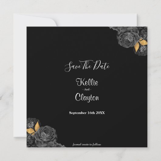 Black and Gold Floral sparen de datum Save The Date (Voorkant)
