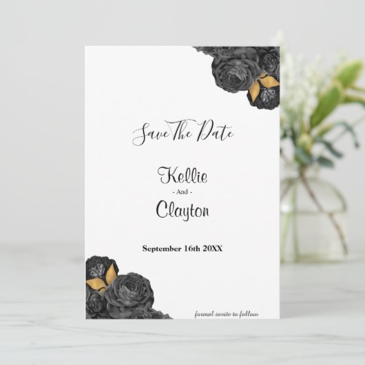Black and Gold Floral sparen de datum Save The Date (Staand voorkant)
