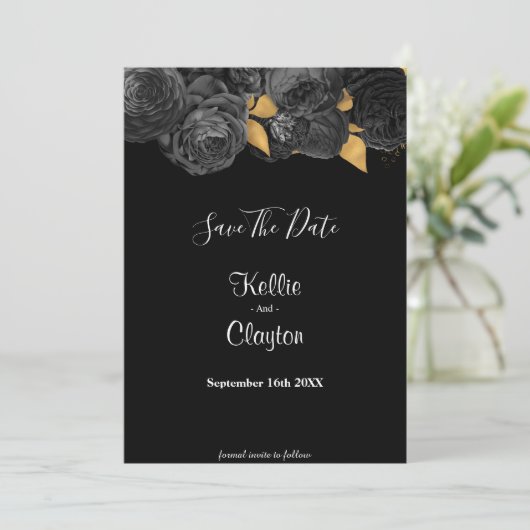 Black and Gold Floral sparen de datum Save The Date (Staand voorkant)