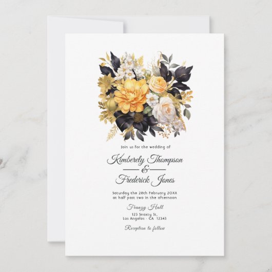 Black and Gold Floral Wedding Kaart (Voorkant)
