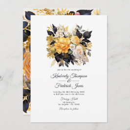 Black and Gold Floral Wedding Kaart