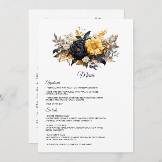 Black and Gold Floral Wedding Menu (Voorkant / Achterkant)