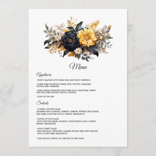 Black and Gold Floral Wedding Menu (Voorkant)