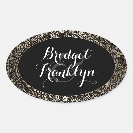Black and Gold Floral Wedding Ovale Sticker (Voorkant)