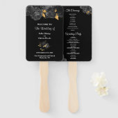 Black and Gold Floral Wedding Program Hand Fan Handwaaier (Voorkant en achterkant)