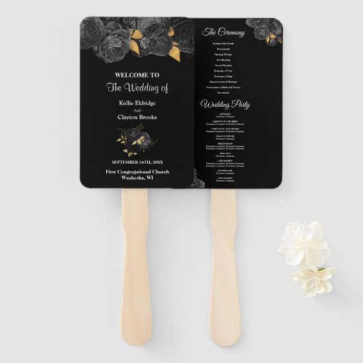 Black and Gold Floral Wedding Program Hand Fan Handwaaier (Voorkant en achterkant)