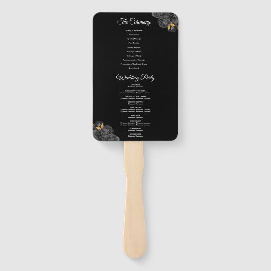 Black and Gold Floral Wedding Program Hand Fan Handwaaier (Achterkant)