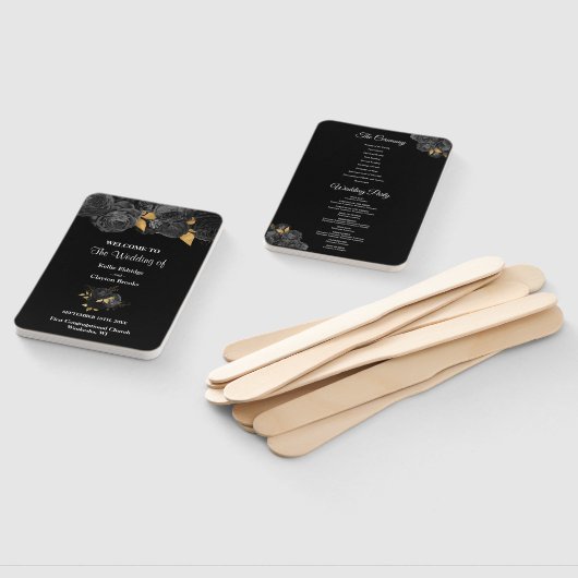Black and Gold Floral Wedding Program Hand Fan Handwaaier (Niet-gemonteerd)