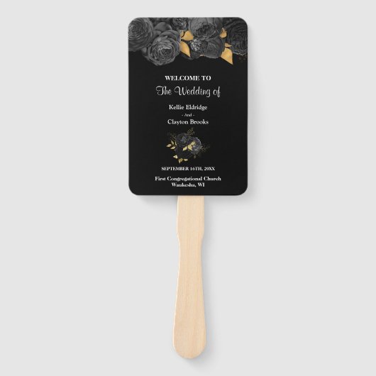 Black and Gold Floral Wedding Program Hand Fan Handwaaier (Voorkant)
