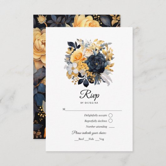 Black and Gold Floral Wedding RSVP Kaartje (Voorkant / Achterkant)