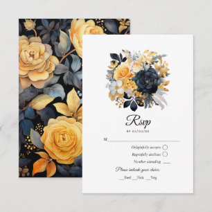 Black and Gold Floral Wedding RSVP Kaartje