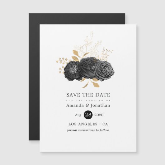 Black and Gold Floral Wedding Save the Date Magnetische Uitnodiging (Voorkant / Achterkant)