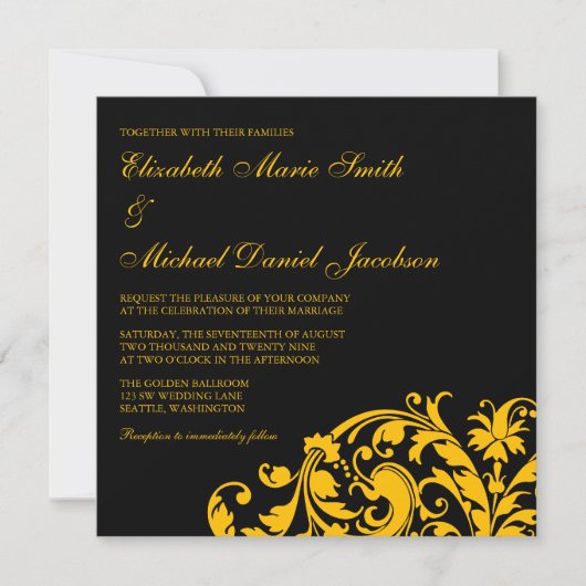 Black and Gold Flourish Swirl Wedding Kaart (Voorkant)