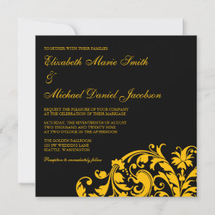 Black and Gold Flourish Swirl Wedding Kaart