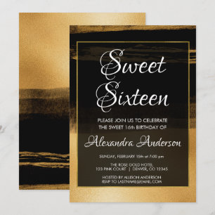 Black and Gold Foil Brush Stroke Sweet 16 Birthday Kaart