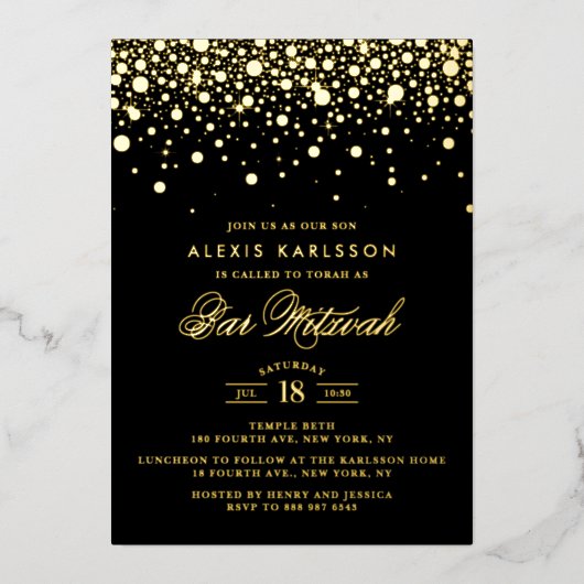 Black and Gold Foil Confetti Stippen Bar Mitzvah Folie Uitnodiging (Voorkant)