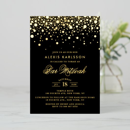 Black and Gold Foil Confetti Stippen Bar Mitzvah Folie Uitnodiging (Staand Voorkant)
