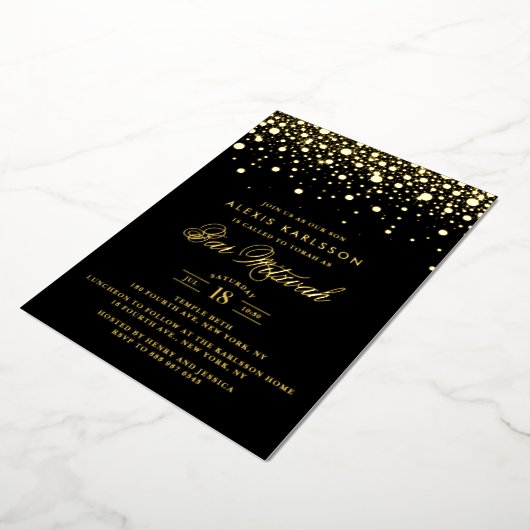 Black and Gold Foil Confetti Stippen Bar Mitzvah Folie Uitnodiging (Gedraaid)