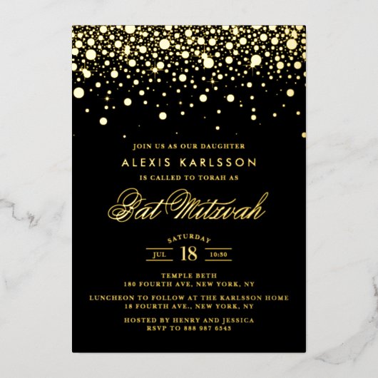 Black and Gold Foil Confetti Stippen Bat Mitzvah Folie Uitnodiging (Voorkant)