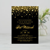 Black and Gold Foil Confetti Stippen Bat Mitzvah Folie Uitnodiging (Staand Voorkant)