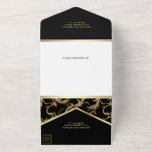Black and Gold Foil Flourish Swirl Wedding All In One Uitnodiging (Buitenkant)