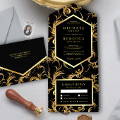 Black and Gold Foil Flourish Swirl Wedding All In One Uitnodiging