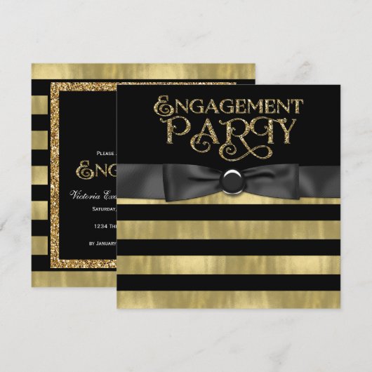 Black and Gold Foil Glitter Engagement Party Kaart (Voorkant / Achterkant)