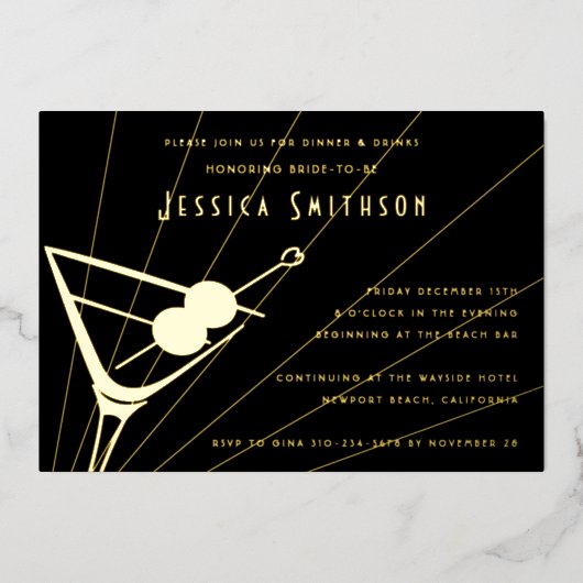Black and Gold Foil Martini Bachelorette Party Folie Uitnodiging (Voorkant)