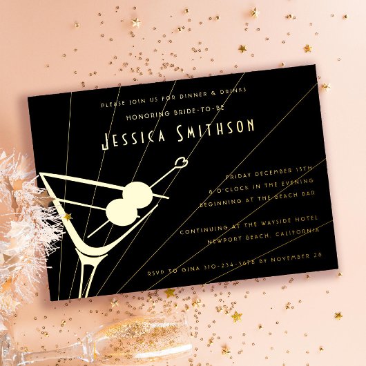 Black and Gold Foil Martini Bachelorette Party Folie Uitnodiging