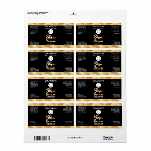 Black and Gold Foil Skin Serum Bottle Label w/logo (Full Sheet)