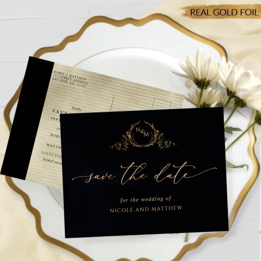 Black and Gold Foil Wedding Save the Date Briefkaa Folie Uitnodiging Briefkaart