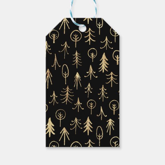 Black and Gold Foil Winter Scene Trees Snow Cadeaulabel (Voorkant)