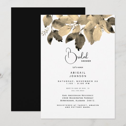 Black and Gold Foliage Bridal Shower-uitnodiging Kaart (Voorkant / Achterkant)