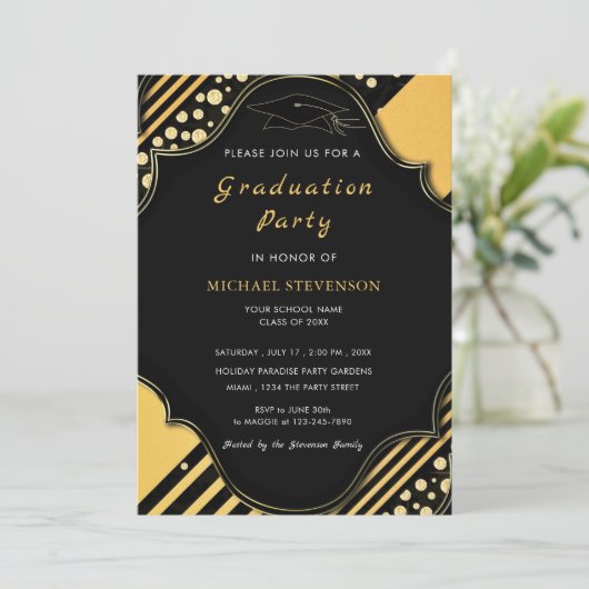 Black and Gold Framed Afstuderen Invitation (Staand voorkant)