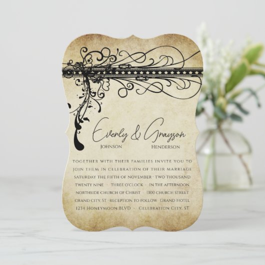 Black and Gold Funky Elegant Swirls Wedding Invite Kaart (Staand voorkant)