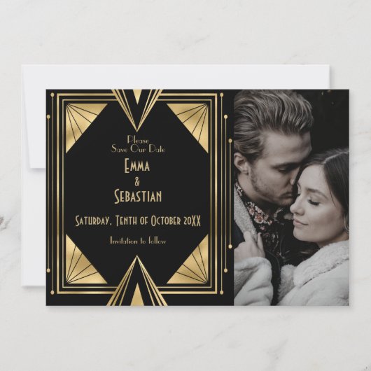 Black and Gold Gatsby Art Deco fotobruiloft Save The Date (Voorkant)