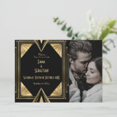 Black and Gold Gatsby Art Deco fotobruiloft Save The Date (Staand voorkant)