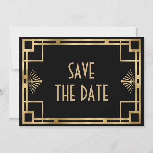 Black and Gold Gatsby Art Deco fotobruiloft Save The Date (Achterkant)