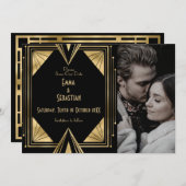 Black and Gold Gatsby Art Deco fotobruiloft Save The Date (Voorkant / Achterkant)