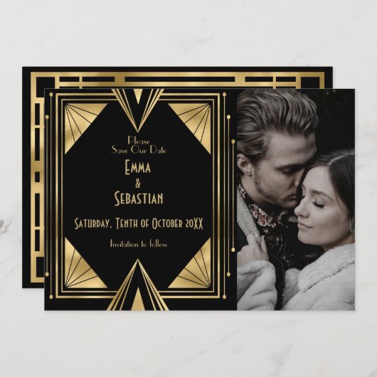 Black and Gold Gatsby Art Deco fotobruiloft Save The Date (Voorkant / Achterkant)