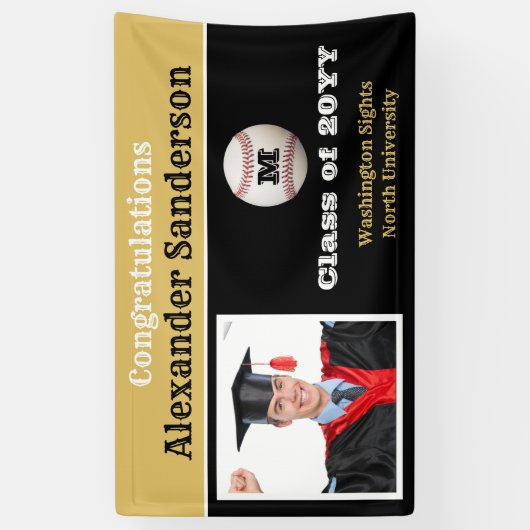 Black and Gold Gefeliciteerd Baseball Afstuderen Spandoek (Verticaal)